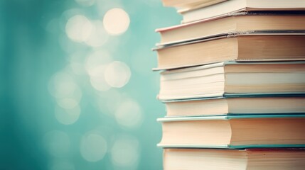 Obraz premium Stack of books against a blurred teal background with soft, bokeh highlights