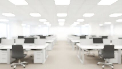 Blurred office interior with rows of desks and computers