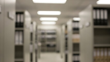 Blurry office storage room with shelving units and binders
