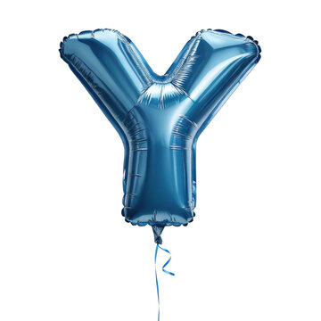 Shiny blue foil balloon letter y alphabet for joyful party or celebration. Isolated type for festive decoration and design element