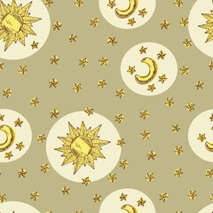 Seamless pattern with Sun, Moon (Crescent) and Stars. Hand drawn vector doodle illustration.