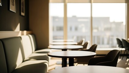 Modern office lounge with tables and chairs by window
