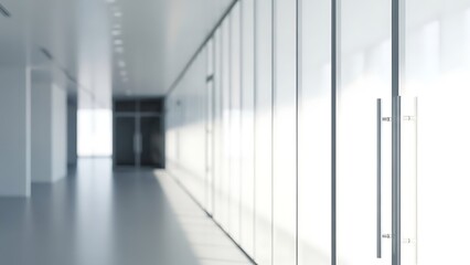 Modern office hallway with glass doors and white walls