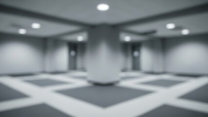 Blurry image of a room with a tiled floor and recessed lighting