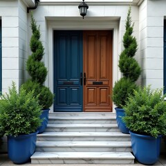 Front entrance of home. Exterior details include steps blue planters door and green plants. Classic design reflects elegance architecture and residential appeal.