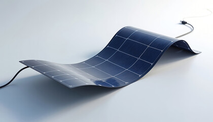 Flexible solar panel lies on surface. Innovative mobile photovoltaic module with cable for clean electrical power supply. Renewable energy tech. Global ecological solution reduces carbon footprint