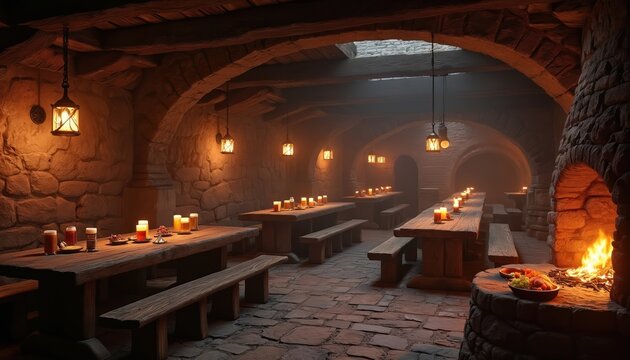 Illustration of medieval tavern interior with stone walls wooden tables benches. Warm light from lamps fireplace creates cozy atmosphere. Illustration is perfect for fantasy games historical articles.