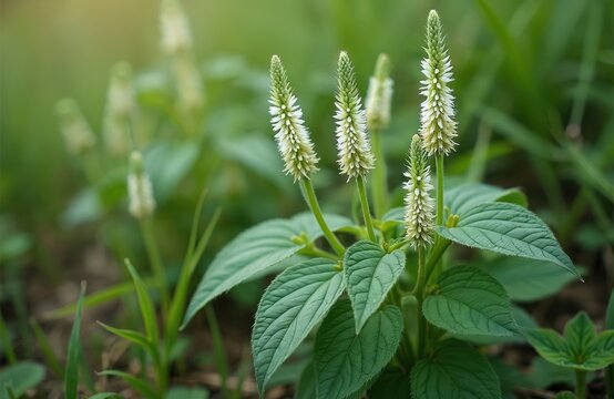 Plantain blooms in meadow. Plantago lanceolata flowering with white inflorescences. Wild plant thrives in green field. Longleaf plantain is common weed. Herbal medicine and nature.