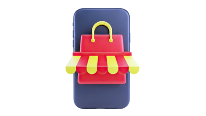 Mobile Shopping Icon with Shopping Bag and Awning