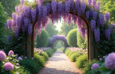 Naklejka premium Purple wisteria flowers bloom on decorative garden arch. Blossoms hang over brick path, leading into serene park. Green plants, trimmed trees line walking trail. Distant arch continues natural