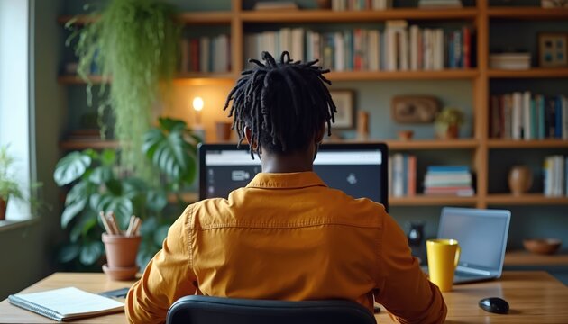 Black man works on laptop at home office. Male freelancer types on computer at desk. Remote worker focused on digital project. Modern workplace tech concept. Home office interior with plants.