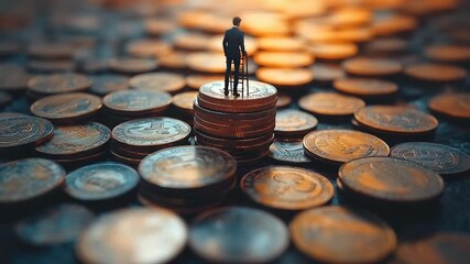Miniature figure stands on coins, symbolizing wealth - Powered by Adobe