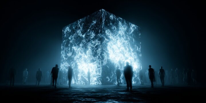 Mysterious glowing cube surrounded by shadowy figures in a surreal dark environment with abstract light patterns illuminating the scene