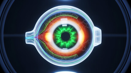Cross-Section of Human Eye with Internal Glowing Circuits and Data Lines