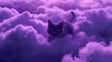 Dreamy Surreal Cat in Violet Cloudscape