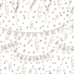 Vector seamless pattern of sketches and line doodles Celebratory attributes: balloons, garlands with flashlights and buntings flags, serpentine and confetti. Festive background. Holiday Wallpaper.
