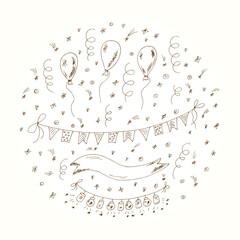 Vector Collection of Hand drawn Celebratory elements: balloons, garlands with flashlights and buntings flags, serpentine and confetti. Festive Invitation card template.