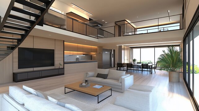 Modern duplex living room, open plan, kitchen view, natural light, ocean background, home design