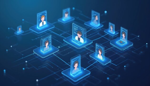Isometric illustration shows candidate profiles. Interface displays structured info of job applicants. Graphic presents modern recruitment process. Design fits for hr tech, career platform,