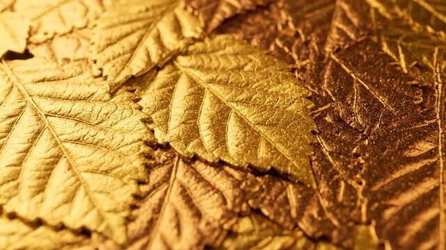 Close-up of golden leaves with intricate veins, creating a warm, textured composition