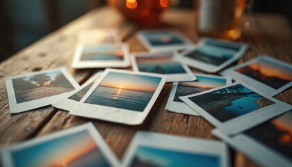 Scattered instant photos lie on rustic wood table surface. Analog images display nature scenes like ocean sunrise. Memories from travel adventures shown with vintage prints. Vacation concept for