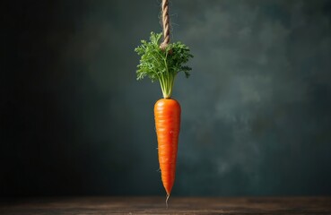 Orange carrot with green leaves hangs by rope on dark background. Metaphor for temptation incentive motivation reward goal or goal achievement.