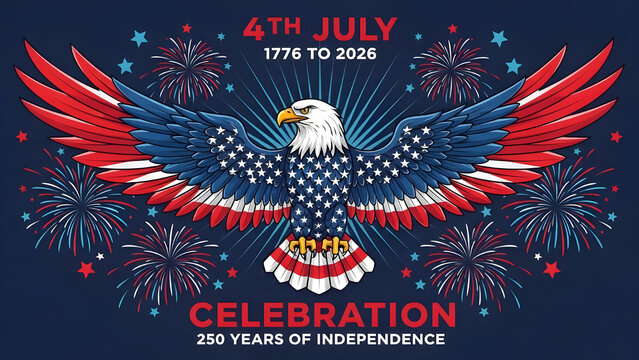 Patriotic american bald eagle with wings spread celebrating 4th of july independence day fireworks and stars on dark blue background vector illustration