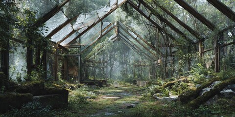 Obraz premium Overgrown, neglected forest greenhouse, glass shattered, nature reclaiming structure, decay, dystopian nature, photo illustration style.