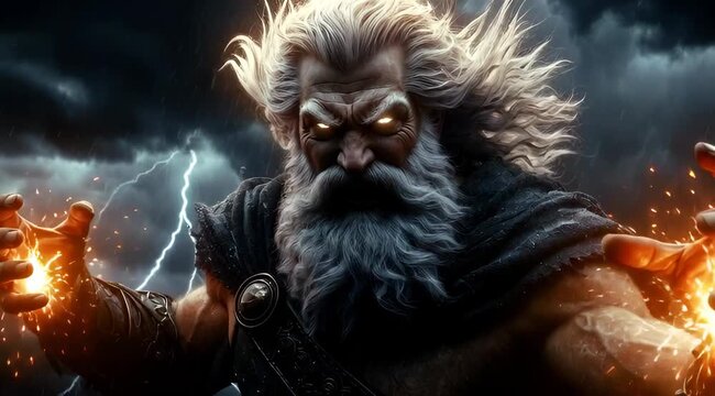 Powerful Zeus Greek God of Thunder Wielding Lightning Bolts Cinematic Storm