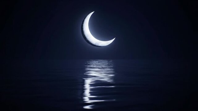 Crescent Moon Reflection Over Dark Water Symbol of Ramadan and Islam