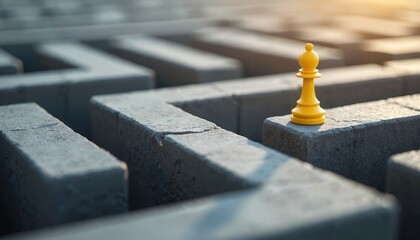 Single yellow chess bishop stands on stone path in maze. Represents making choices, finding solutions, or overcoming life obstacles. Strategic planning and clear direction needed for success.