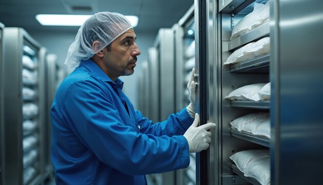 Man in blue uniform and hairnet checks meat packages stacked in cold storage freezer. Worker inspects inventory in industrial food processing plant. Temperature control is vital for safe food.