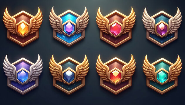 Set of fantasy game badges with wings, bright colorful glowing gems. Hexagonal metal icons show different ranks, achievements, rewards for player progress. Graphic user interface elements for modern