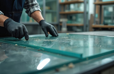 Close up photo of a person wearing black gloves carefully examining glass. The hands touch the transparent surface. Person job in the workshop.