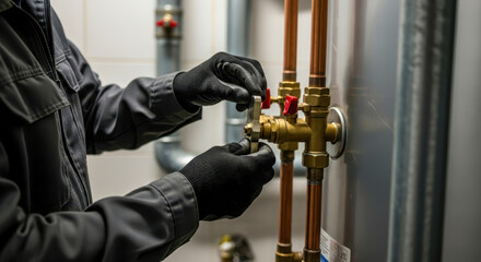 Professional plumber fixes water heater. Plumber in black gloves installs repairs copper water pipe connected to tank. Efficient plumbing service. Expert technician works accurately