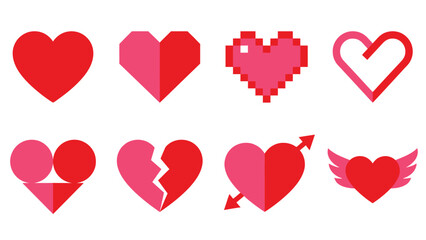 Diverse Red and Pink Heart Icons Set. Vector collection of love symbols in various styles including pixel, broken, arrow, and winged.
