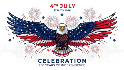 American bald eagle with wings spread in usa flag colors celebrating 250 years of independence july 4th 1776 to 2026 fireworks background