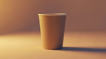A disposable paper cup stands alone on a beige surface, illuminated by soft light from an unseen source.