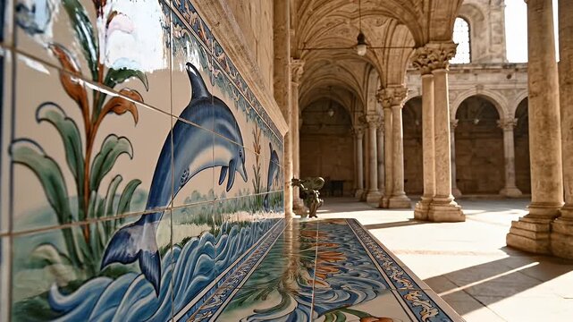 Jeronimos Monastery Lisbon, Portugal: Detailed view of the cloisters' unique dolphin tile art