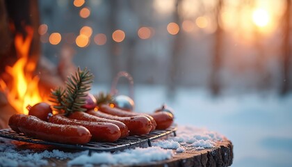 Fototapeta premium Grilled sausages rest on a grate near a fire in snowy winter. Festive ornaments and pine branches adorn the scene. Warm bokeh lights twinkle in soft focus, suggesting a holiday gathering.