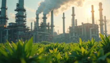 Plants grow near industrial factory. Smoke comes from chimney. Eco industry develops with fresh flora. Industry pollution affects nature badly. Environment protection, alternative energy reduce