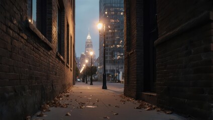 Obraz premium Urban Alleyway at Dusk - A Glimpse of City Lights.