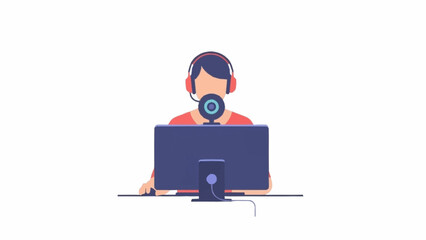 An illustrated person wearing a headset and using a computer with a webcam, engaged in online communication or gaming.