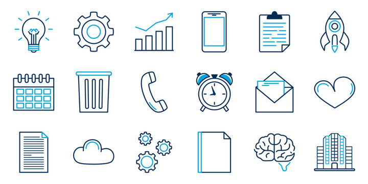 vector business icons or symbol set in dark blue with bright blue accents, phone, mail, clock, trash bin, gears, calendar, heart, office building, light bulb, idea isolated on white or transparent png
