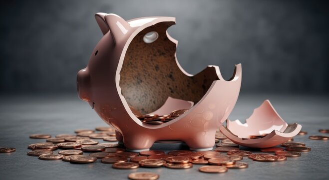 Broken piggy bank empty space, scattered coins. Ceramic pieces around opening. Financial loss bad investment concept. Dark background. Represents savings investment failure.