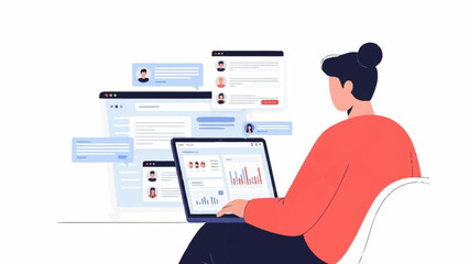 An illustrated person works on a laptop, surrounded by numerous floating digital screens displaying data dashboards, user profiles, and online communication interfaces.