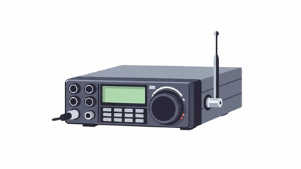 Obraz premium A modern dark gray radio receiver with a green digital display, multiple ports, control buttons, a large tuning knob, and an extendable antenna, shown on a white background.