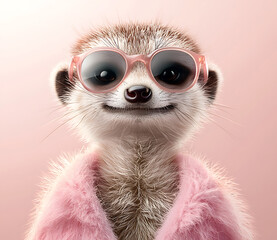Cheerful meerkat wearing stylish sunglasses and fluffy pink coat exudes playful and fun vibe, perfect for capturing attention