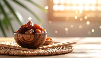 Dates in a Wooden Bowl on a Woven Mat.