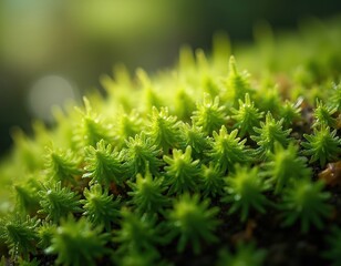 Tiny bright green moss grows in dense clusters on forest floor. Small plantlets form star shapes with pointed leaves. Light shines on fresh foliage.